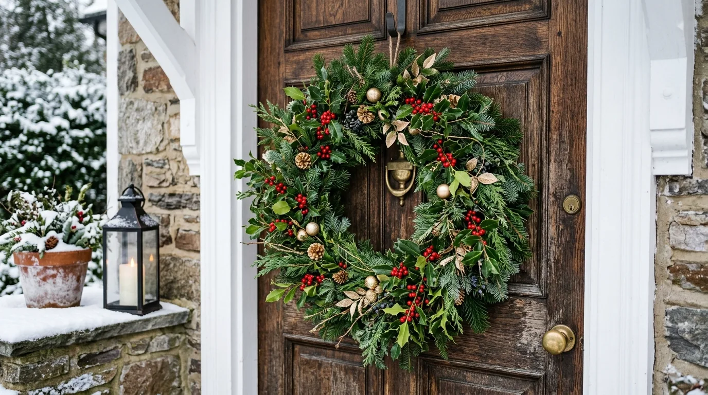 Mixed Evergreens and Holly Wreath
